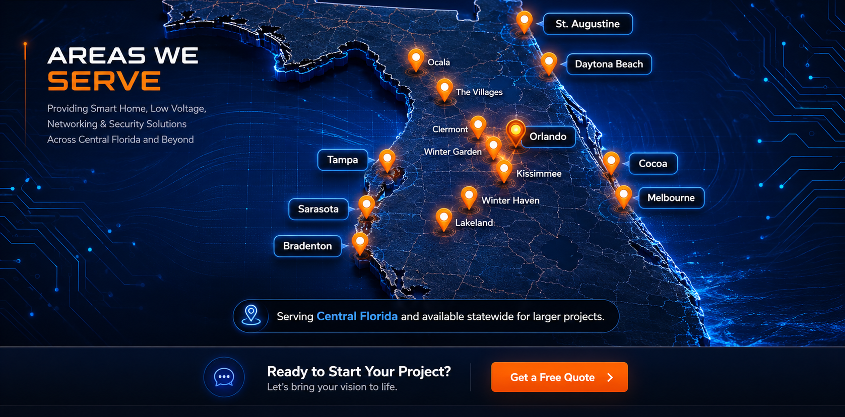 Areas We Serve map showing StellarTec service locations across Central Florida and beyond